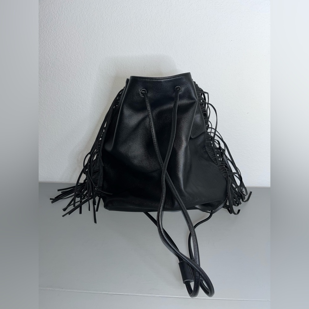 Victoria's Secret Fringe Bucket Bag Drawstring Black Faux Leather Large NWOT - Picture 4 of 16